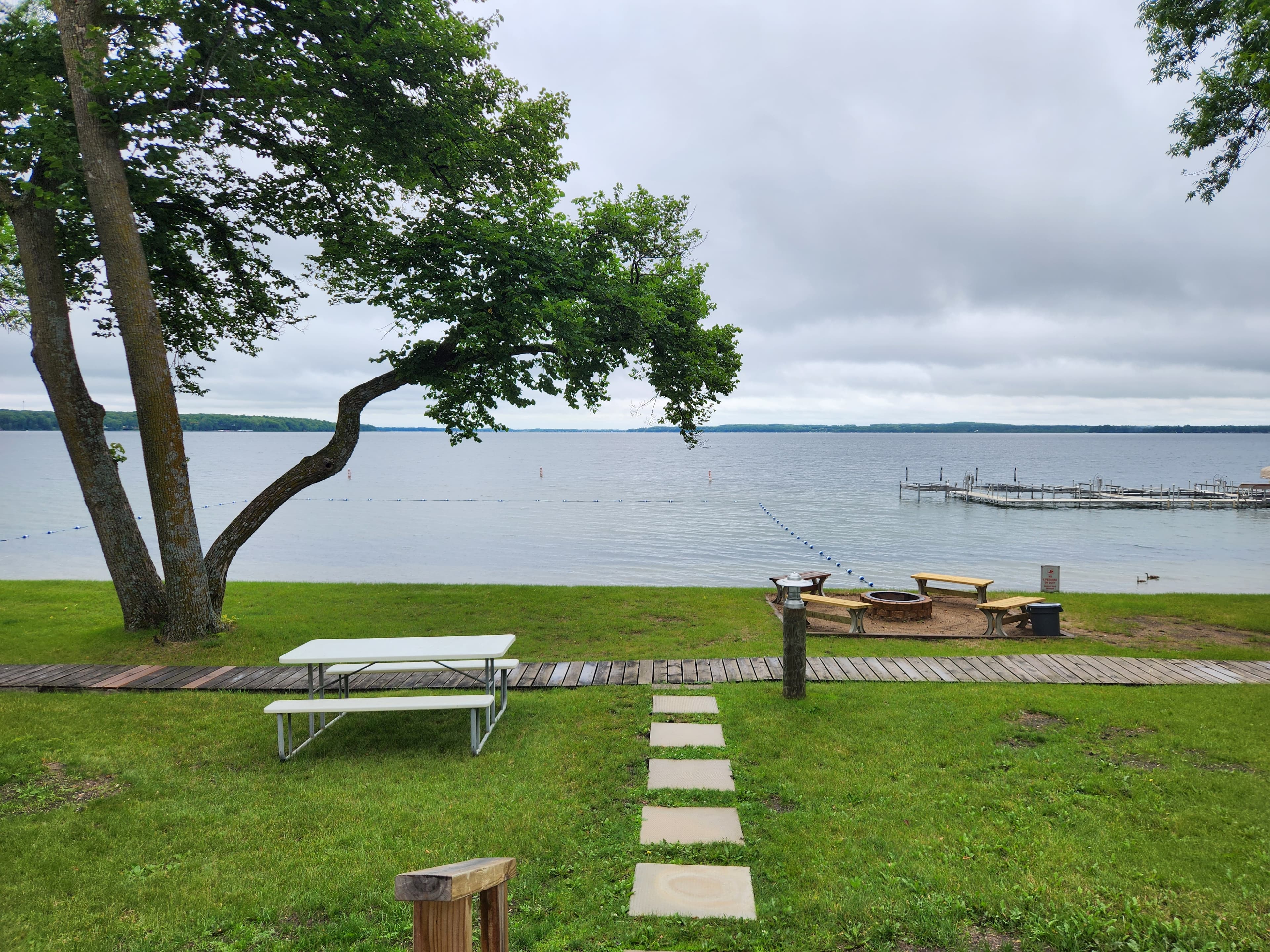 A scenic view of a lake with a tree, picnic table, and fire pit, under a cloudy sky.