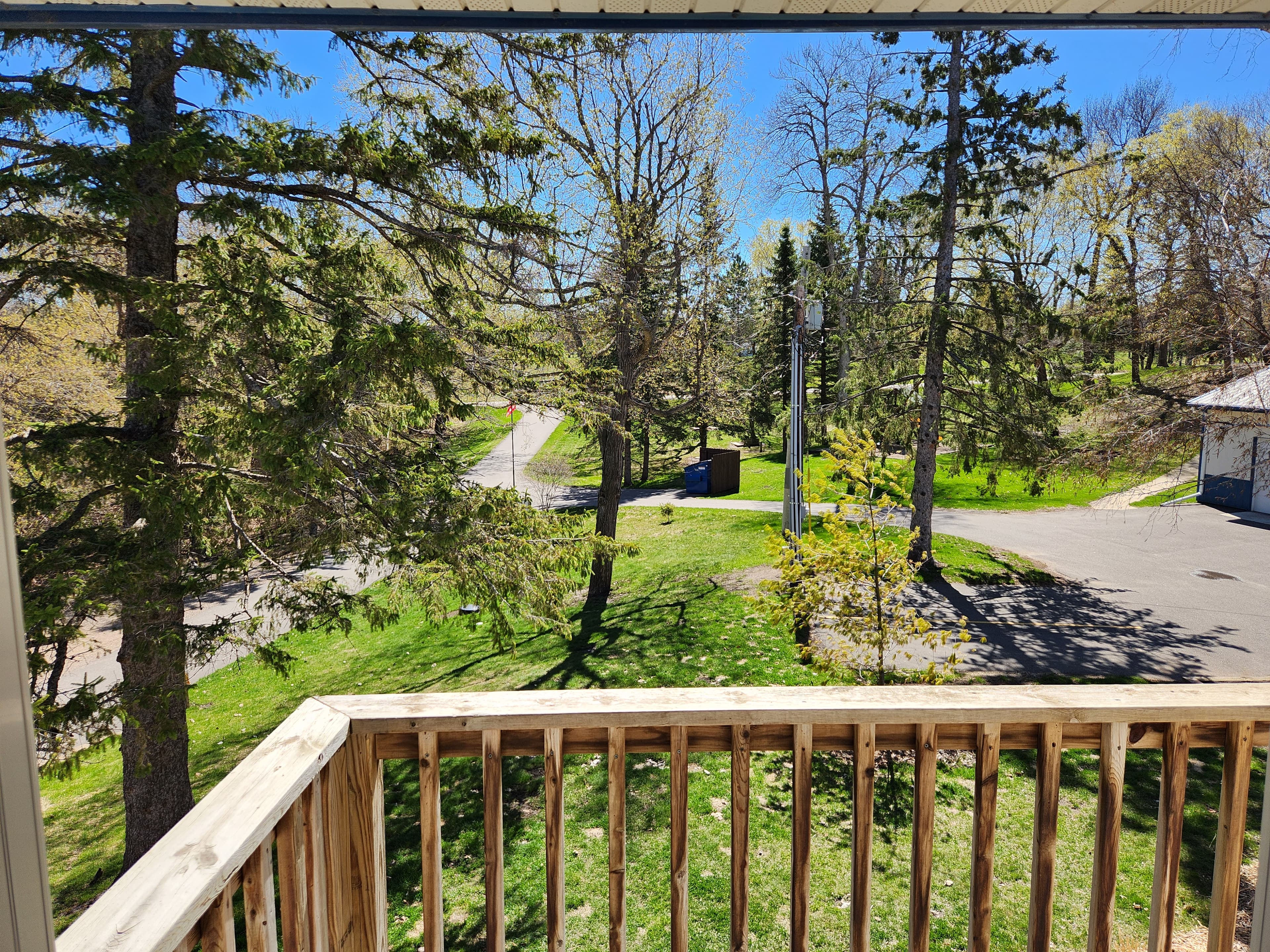 View from a balcony overlooking a green, tree-lined area and a road.